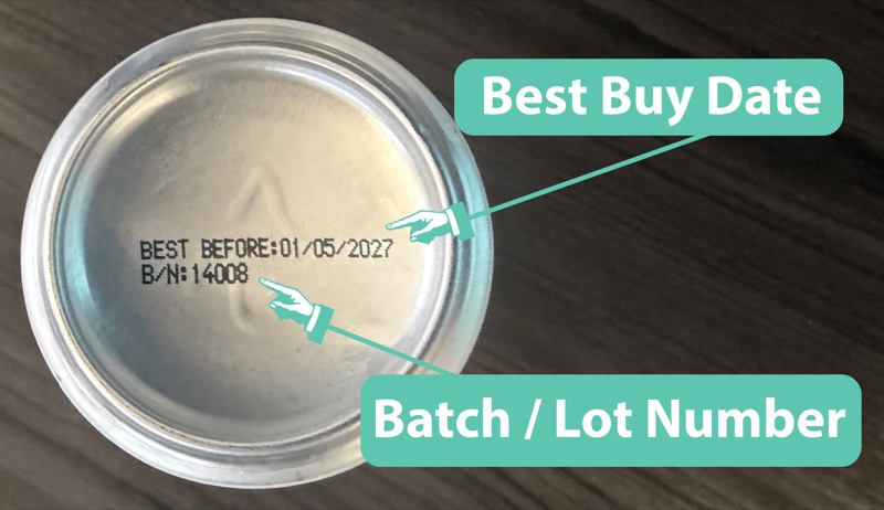 Bottom of can showing Best Buy Date and Batch/Lot Number location